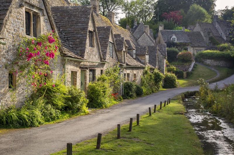 architecture, house, Costwolds, village, England, UK, trees, road, old building, stream, grass, plants, flowers, water