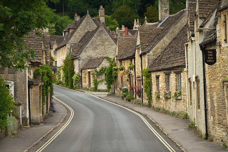 architecture, house, Costwolds, village, England, UK, trees, road, old building, post office, flowers