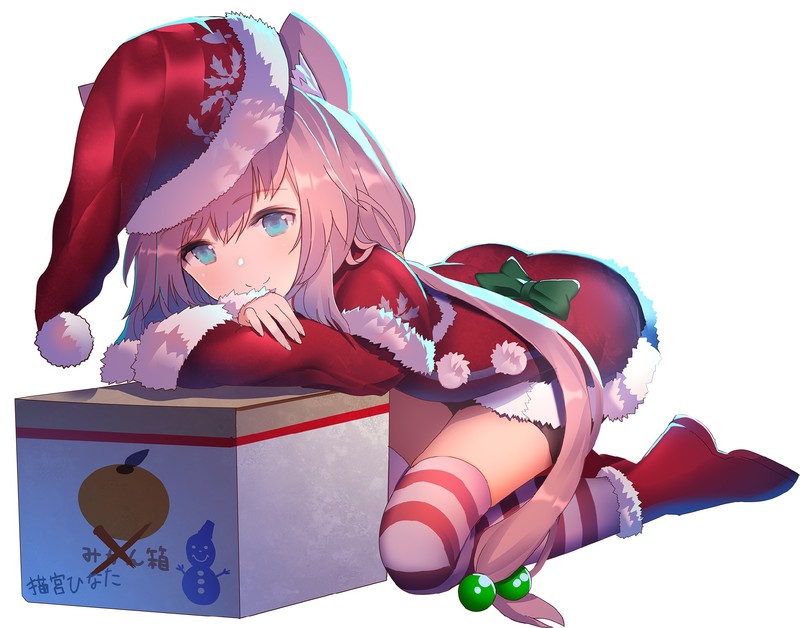 animal ears, Christmas, dress, heels, Nekomiya Hinata (Virtual YouTuber), thigh-highs, white background