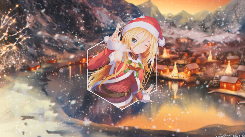 anime, anime girls, picture-in-picture, Christmas, Santa hats, blonde, blue eyes