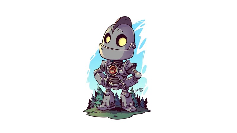 The Iron Giant, simple background, white background, artwork, Derek Laufman, cyan