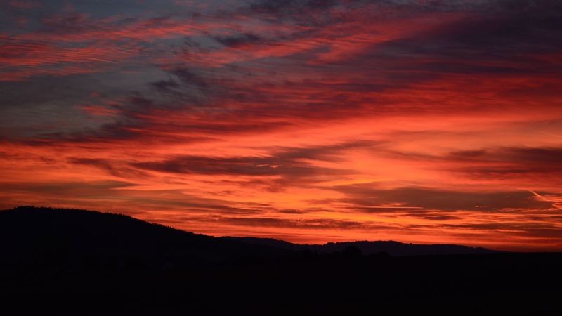 sunset, horizon, red, clouds, dark, 4k