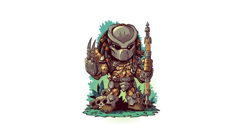simple background, predator (creature), white background, artwork, Alien vs. Predator, mask, spear, Derek Laufman