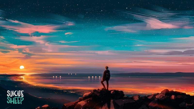 digital art, artwork, Aenami, sunset, landscape, sea, sky, Suicide Sheep