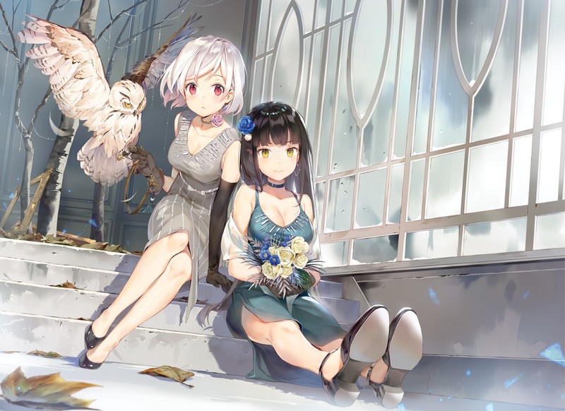 anime girls, anime, red eyes, animals, legs together, boobs, dark hair, flower in hair, owl