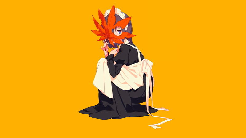 anime, manga, anime girls, maid, fall, maple leaf, yellow, minimalism