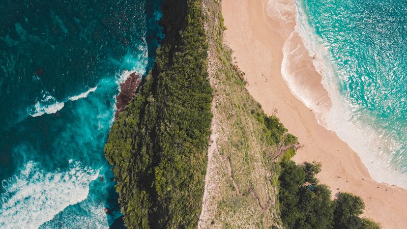 ocean, island, aerial view, surf, shore, greens, 4k