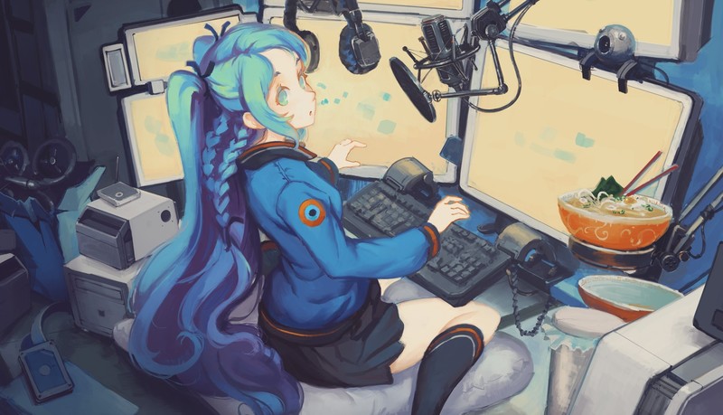 anime girls, anime, blue hair, long hair, blue eyes, food, keyboards