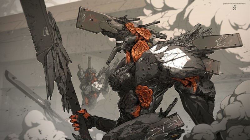 original characters, futuristic, science fiction, artwork, digital art, illustration, concept art, creature, fantasy art, 2D, environment, smoke, armor, depth of field, Nivanh Chanthara, drawing, mech, Eva, cyberpunk