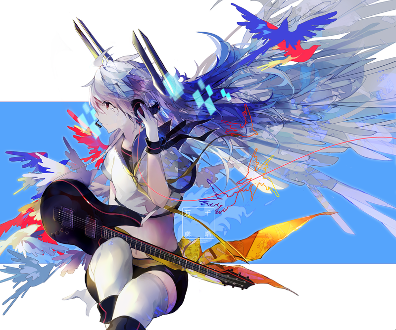 anime girls, anime, guitar, musical instrument, blue hair, long hair