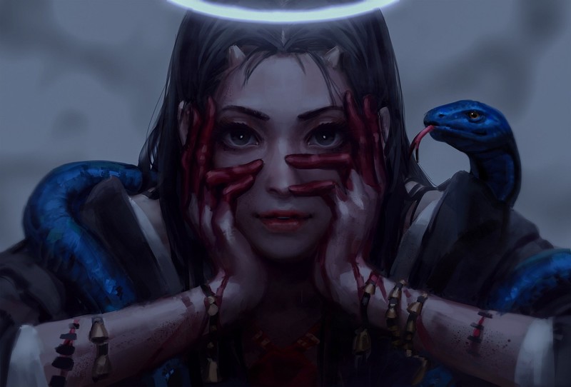 fantasy art, artwork, fantasy girl, snake, reptiles, animals, demon, Devil, Oni, blood, horns, frontal view