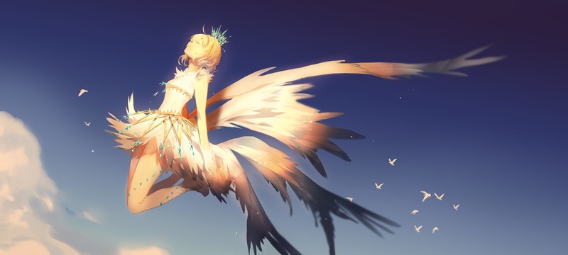 Card Captor Sakura, anime girls, Kinomoto Sakura, closed eyes, blonde, wings, crown, sky