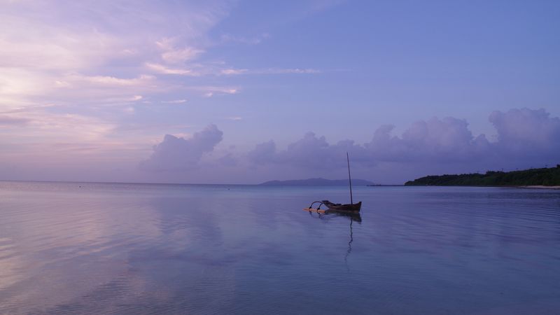 sea, boat, lonely, horizon, sunset, 4k