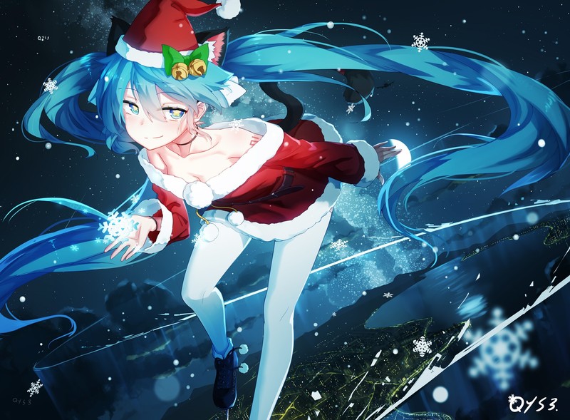 Christmas, aqua hair, Santa hats, Santa costume, long hair, Vocaloid, Hatsune Miku, bell, bow, building, cat girl, cityscape, cleavage, dress, hat, night, no bra, snow, tail, tattoo, water, wristwatch