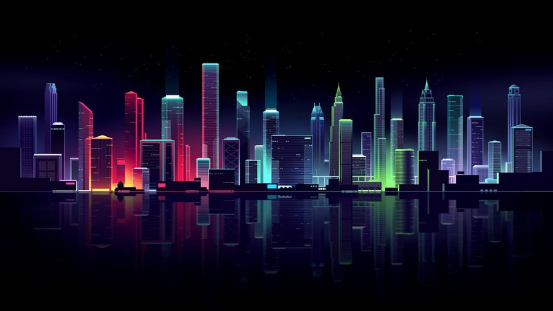building, lights, illustration, Romain Trystram, cityscape, skyline, colorful, reflection, digital art, neon lights, futuristic city, neon, dark, night