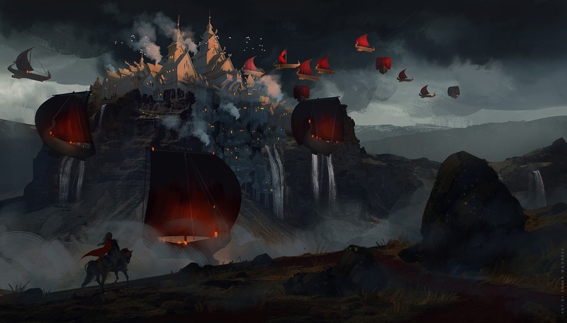 fantasy art, town, lights, mountains, environment, artwork, landscape