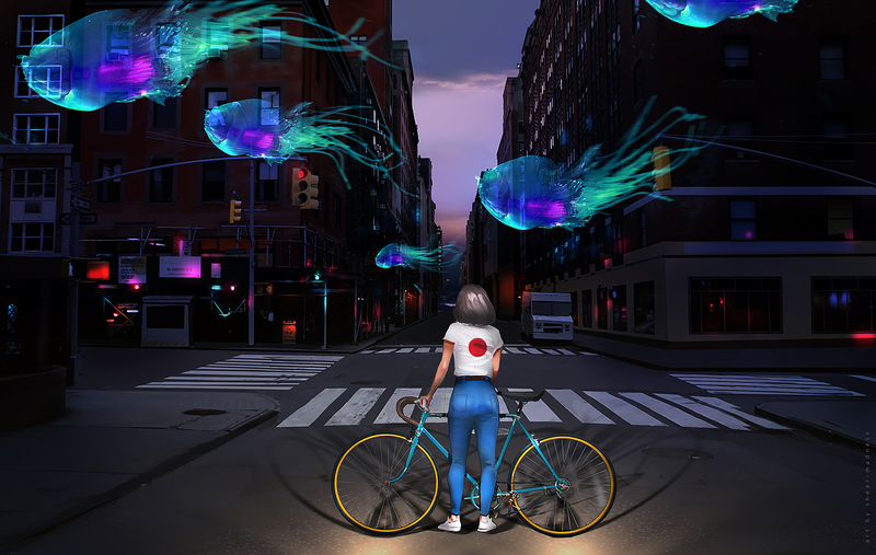 fantasy art, environment, women, fish, street, traffic lights, city