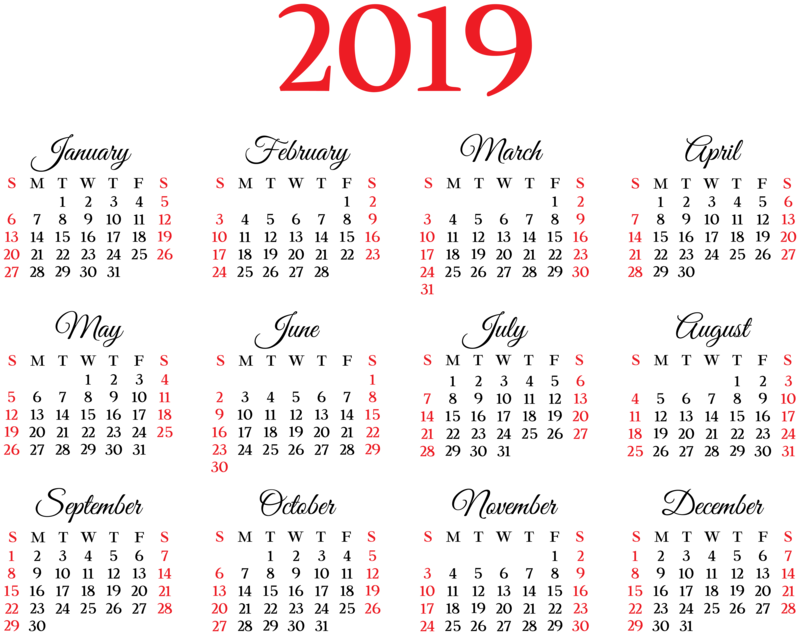 calendar, 2019 (Year), month, numbers, transparent background, black, red