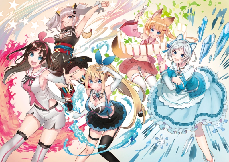 anime girls, anime, Virtual Youtuber, Kizuna Ai, Kaguya Luna, blonde, blue eyes, miniskirt, dress, colorful, dark hair, open mouth, animal ears