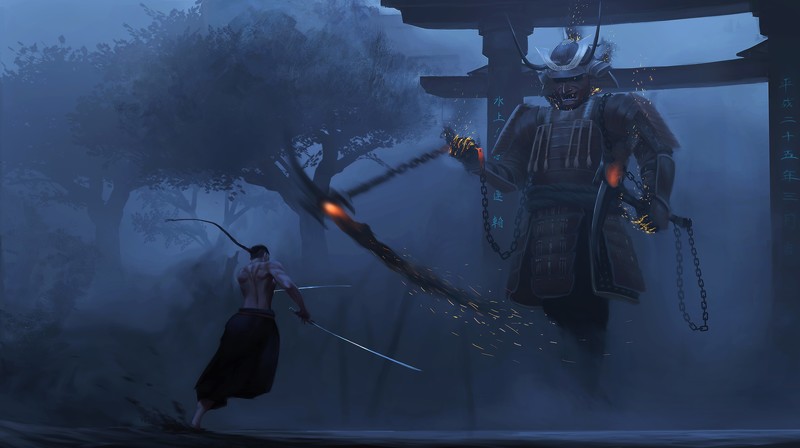 samurai, armor, katana, men, warrior, environment, Clash, artwork, digital art, painting, digital painting, illustration, fantasy art, mist, torii, ponytail, trees, 2D, Paul Nong, fire, weapon