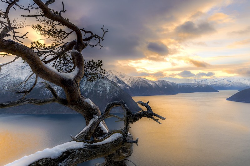 nature, mountains, snow, water, sky, sunlight, winter
