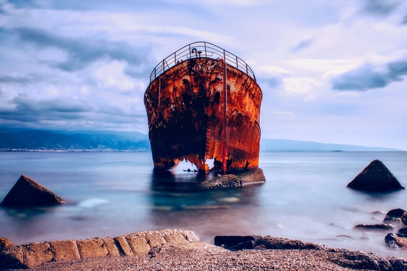 old, sea, sky, wreck, rust, shipwreck, outdoors, water, ship
