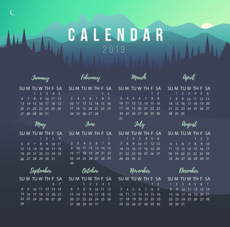 calendar, month, numbers, digital art, minimalism, mountains, trees, Moon, hills, vector