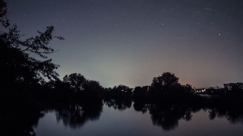 starry sky, lake, night, landscape, trees, horizon, 4k