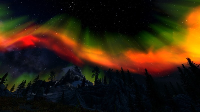 night, trees, aurorae, colorful, mountains, winter, snow, stars, The Elder Scrolls V: Skyrim, screen shot, video games, PC gaming