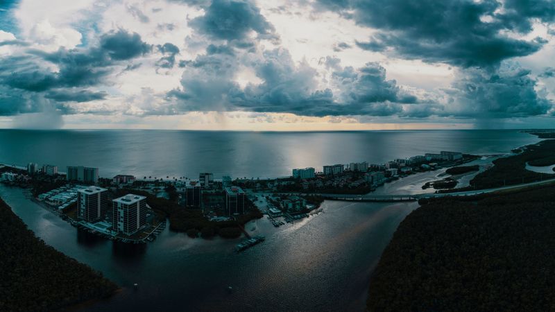 island, city, aerial view, clouds, sea, ocean, twilight, 4k