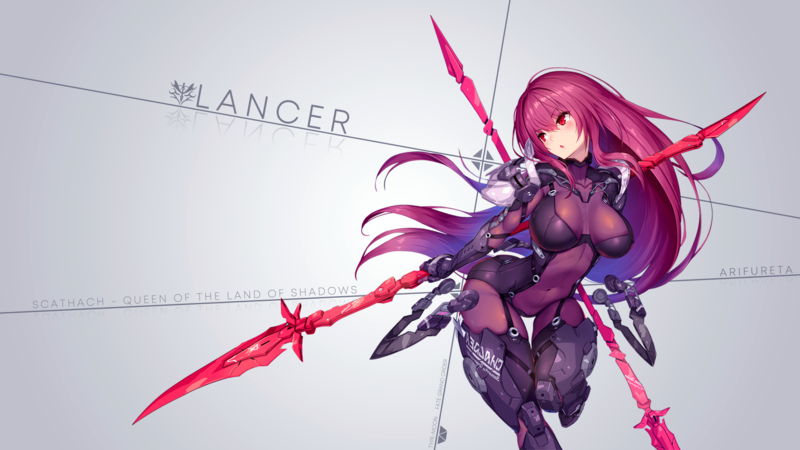 Fate/Grand Order, Scathach (Fate/Grand Order), Lancer (Fate/Grand Order), purple hair, red eyes, simple background, spear, weapon, long hair, boobs, bodysuit