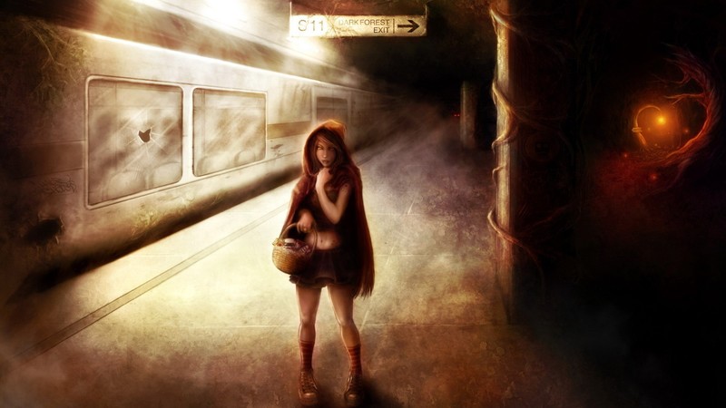 Little Red Riding Hood, fairy tale, fantasy girl, dark, hoods, train