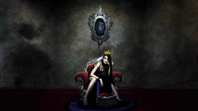 Snow White, dark fantasy, dark hair, crown, legs, necklace, fantasy girl, fantasy art, queen (royalty)