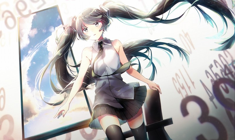 Hatsune Miku, anime girls, long hair, miniskirt, anime, dark hair, numbers