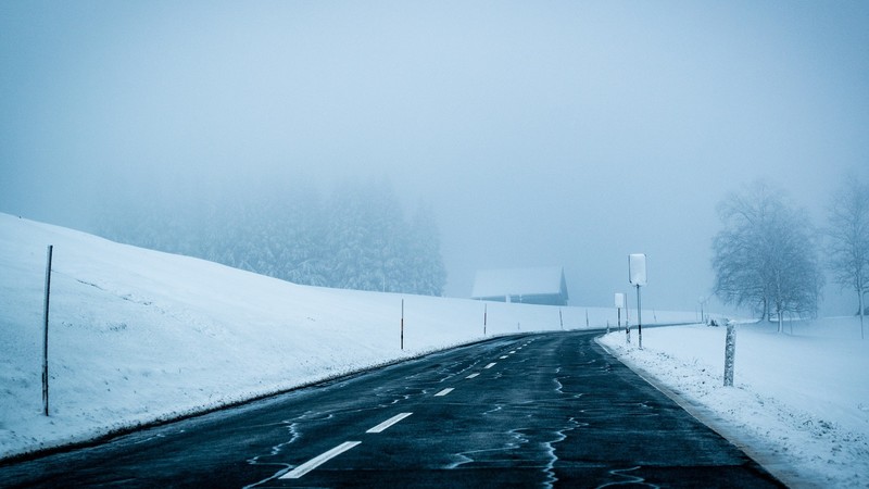 winter, snow, mist, road, asphalt, blue
