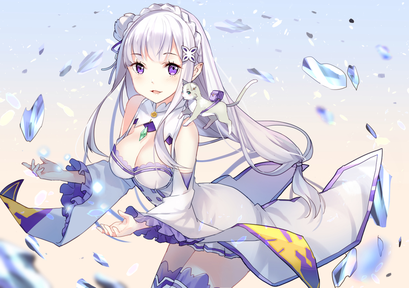 Emilia, Emilia (Re: Zero), Re:Zero Kara Hajimeru Isekai Seikatsu, white, anime, anime girls, white hair, white skin, white dress, simple background, purple eyes, boobs, long hair