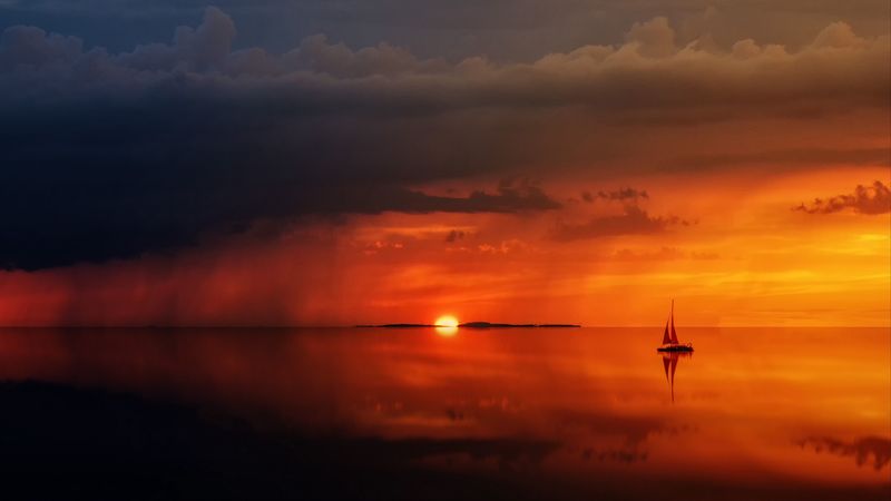 sea, horizon, sail, sunset, lonely, clouds, 4k