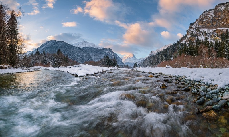 nature, water, river, winter, mountains, landscape