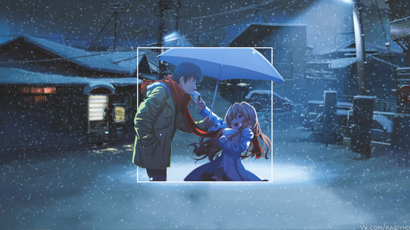 anime, anime girls, picture-in-picture, snow, anime boys, umbrella, urban