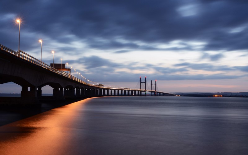 bridge, clouds, sea, sky, lights