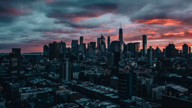skyscrapers, twilight, city, clouds, new york, 4k