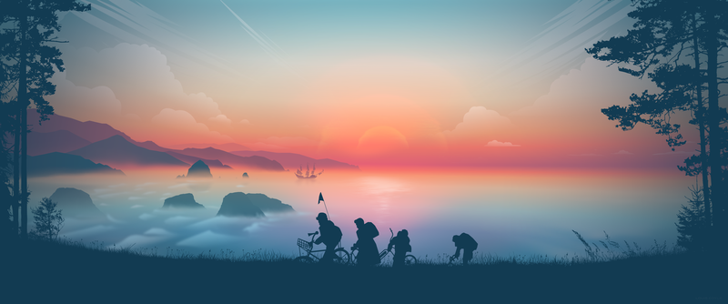 artwork, digital art, The Goonies, sunset, clouds, mist, Pirate ship, trees, gradient, illustration, landscape, dual monitors, bicycle