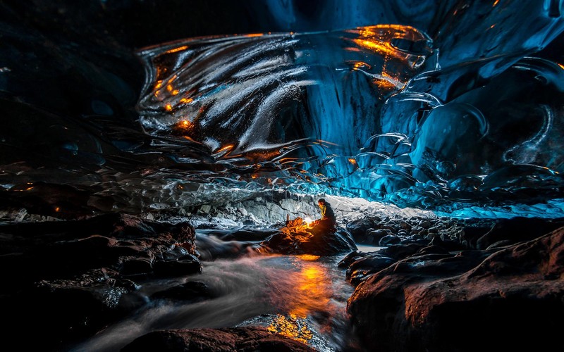cave, ice, rocks, stream, camping