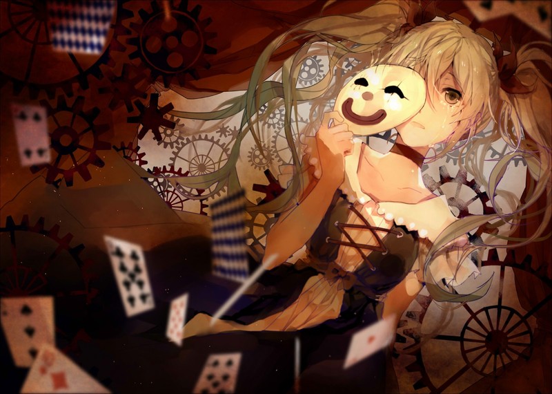 sad, clown, gear, cards, Hatsune Miku