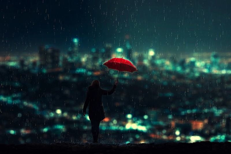 digital art, women, umbrella, city, water drops, rain, BaxiaArt