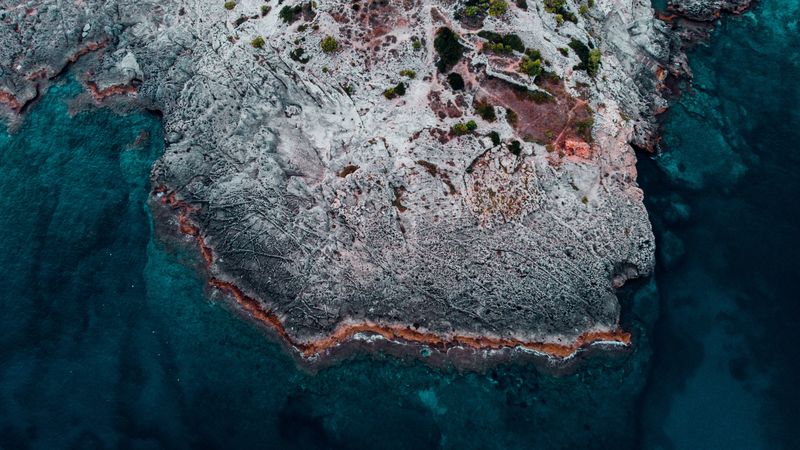 ocean, shore, aerial view, water, stones, 4k
