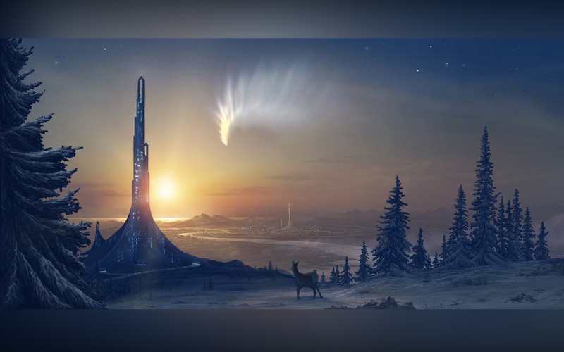 tower, snow, sun rays