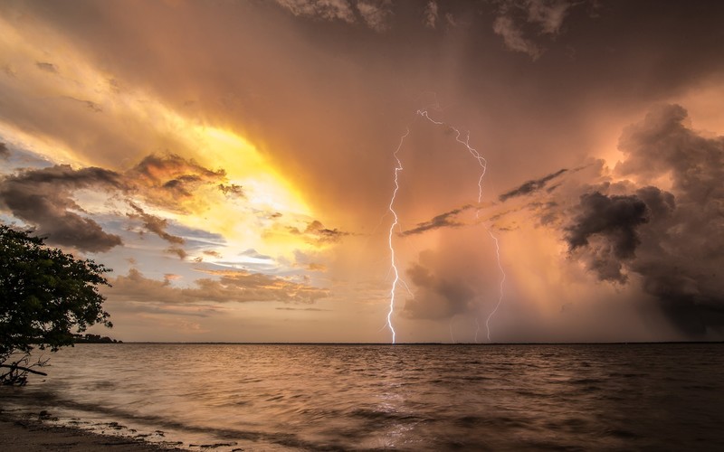 sea, lightning, storm, horizon, clouds