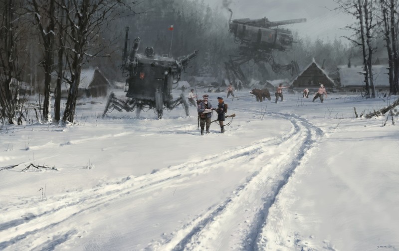 artwork, men, concept art, digital, machine, science fiction, futuristic, Jakub Różalski, Iron Harvest