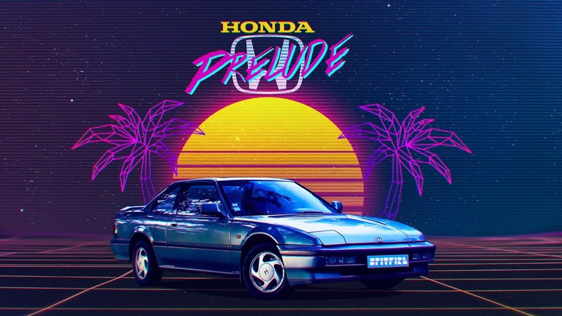 Retrowave, Synth, car, vehicle, blue cars, Honda, digital art, pop-up headlights, Honda Prelude